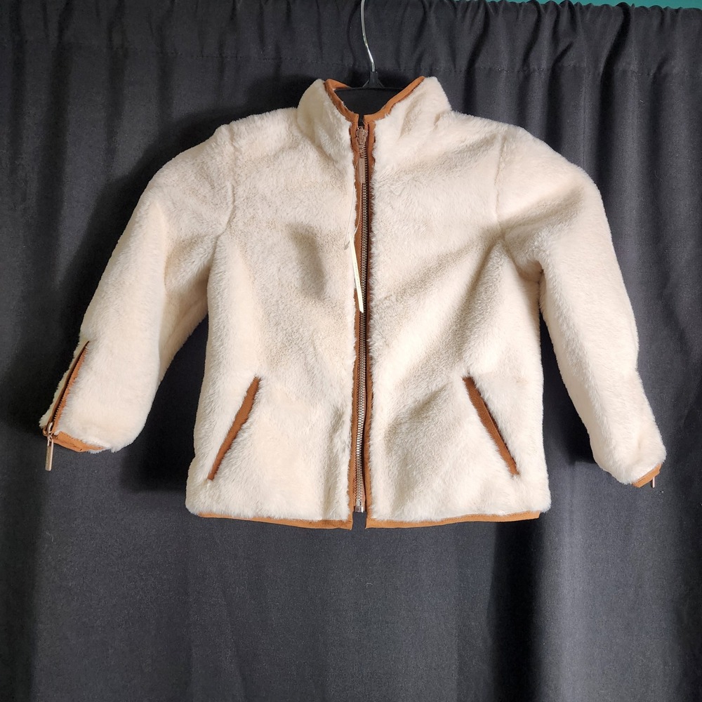 Copper Key Girls Cream Faux Fur Full Zip Jacket Brown Trim Size 4 NWT F34CC377X